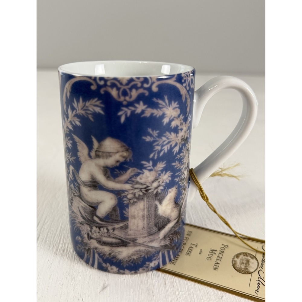HALLMARK Mug Angel Artist Cat Tapestry Blue Gray White 4" Tall x 2.5" Diam 8 oz